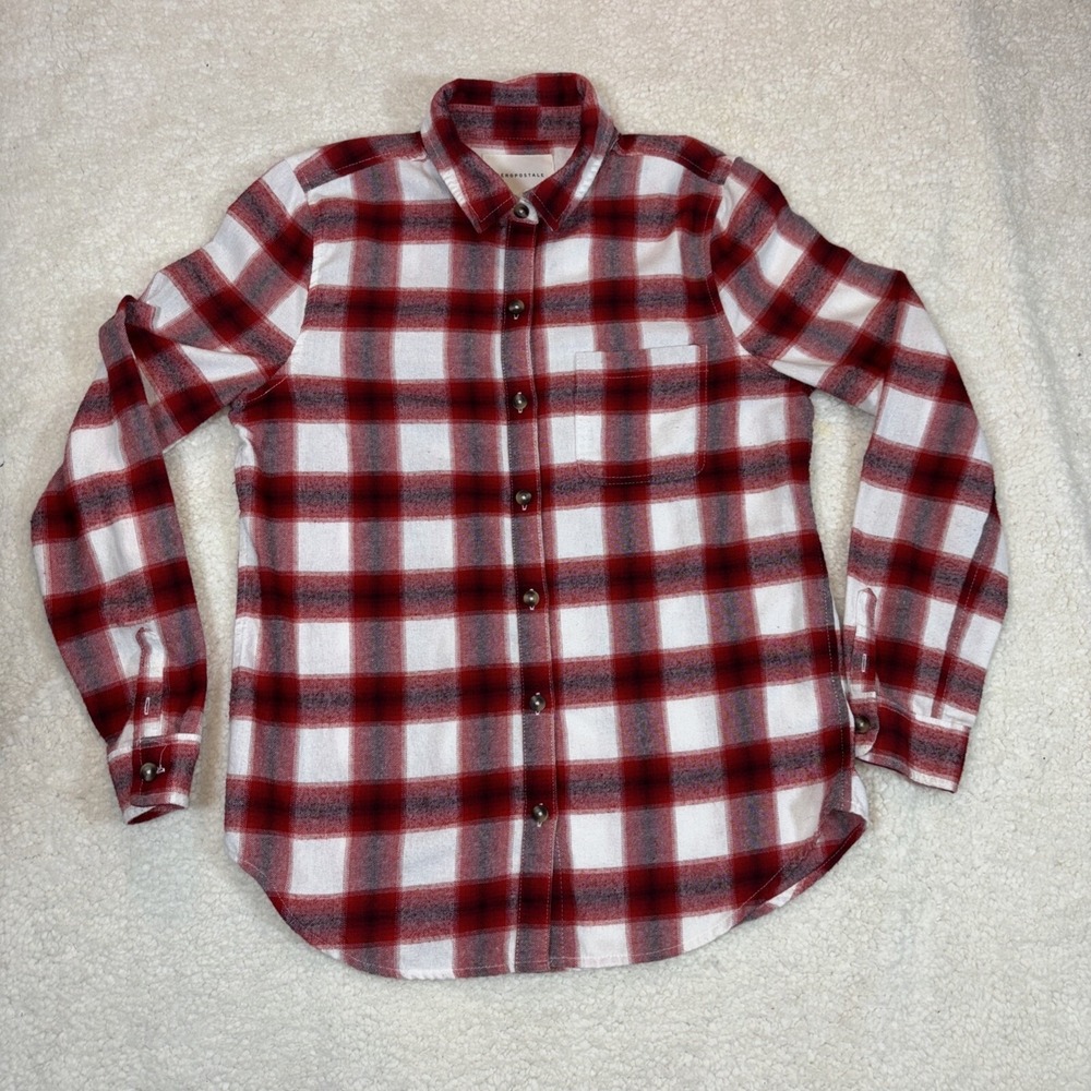 Aeropostale Plaid Flannel Shirt Womens Medium Red White Button Down